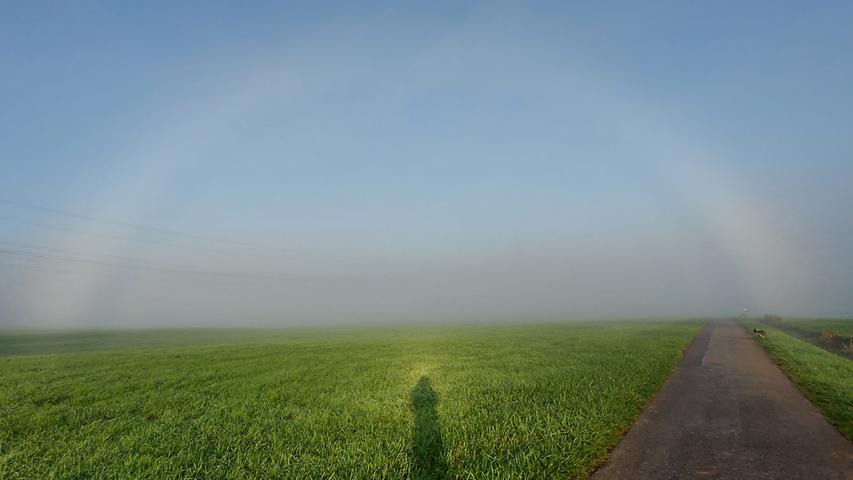 Ein Nebelbogen im Zenngrund bei Wilhermsdorf. Die weiße Variante des Regenbogens entsteht, wenn die Sonne auf die feinen Wassertröpfchen einer Nebelwand fällt. Mehr Leserfotos finden Sie hier.