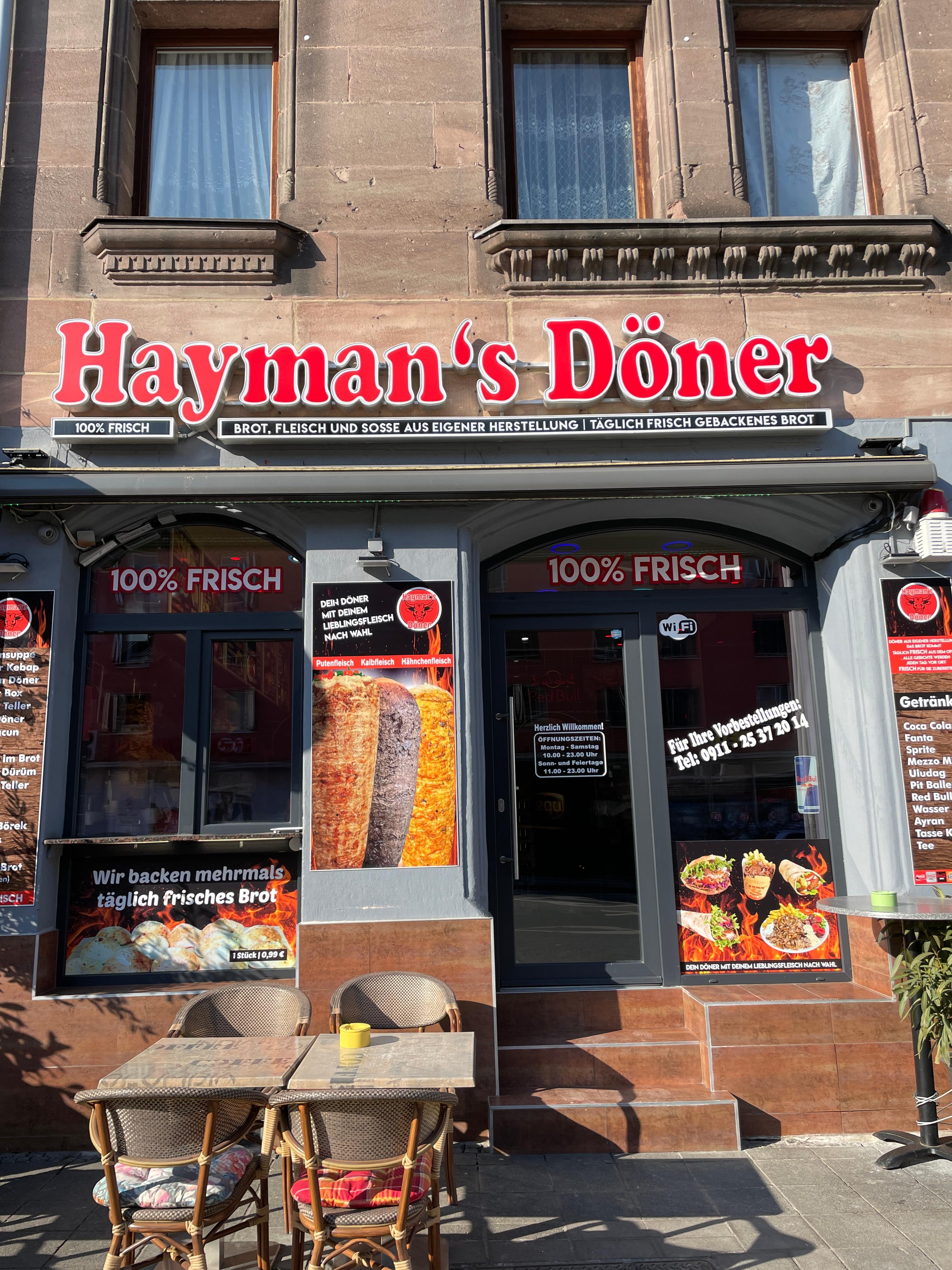 Frische Zutaten und selbstgemachtes Brot gibt es auch bei Hayman's Döner in der Rothenburger Straße 140. Das letzte Döner-Voting von nordbayern.de gewann Hayman's Döner. Nach dem Sieg 2021 landet der Dönerladen 2023 auf Platz 14.