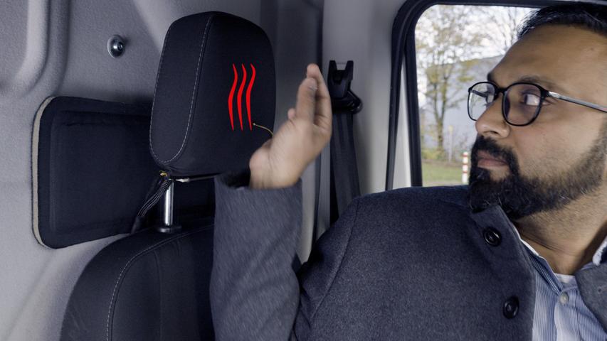 Wärmt gezielt das Haupt: Beheizbare Kopfstütze im Ford E-Transit.