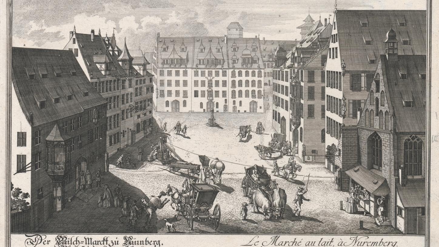 So sah der Albrecht-Dürer-Platz - seinerzeit Milchmarkt - anno 1716 aus, als ihn Johann Adam Delsenbach in einem Kupferstich festhielt. Das heutige Haus Nr. 3 ist das zweite Gebäude von links neben dem Sebalder Pfarrhof.