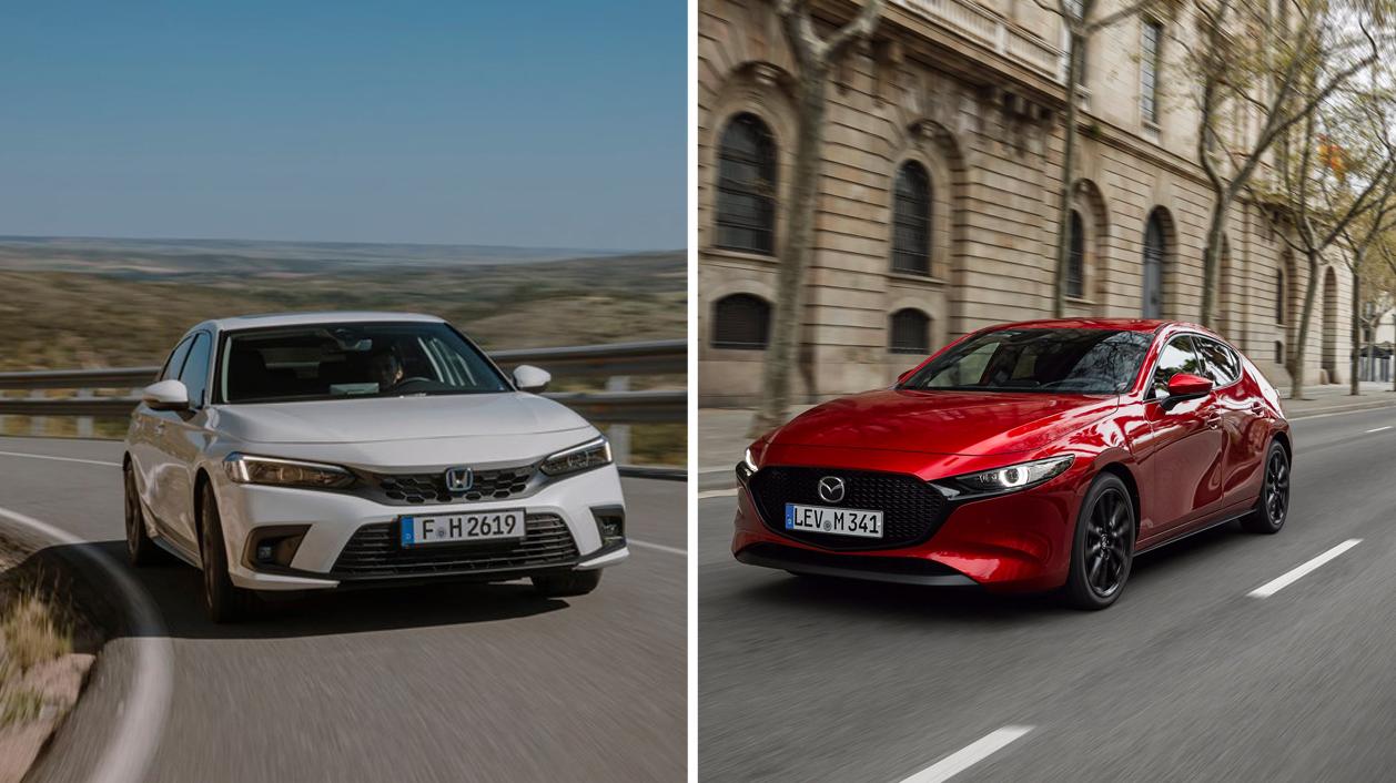 Der Honda Civic e:HEV ist ein Voll-, der Mazda 3 e-Skyactiv X (rechts) ein Mildhybrid. Der Honda Civic e:HEV ist ein Voll-, der Mazda 3 e-Skyactiv X (rechts) ein Mildhybrid.
