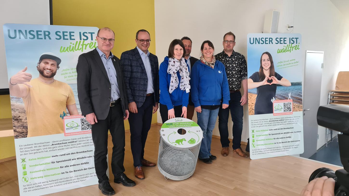 Pressekonferenz Brombachsee Müllfrei. V.li: LBV-Vorsitzender Dr. Norbert  Schäffer, ZVB-Vorsitzender und Landrat Manuel Westphal, Martina Widuch (LBV),  WWA-Leiter Thomas Keller und Dieter Hofer, Geschäftsleiter beim ZVB.