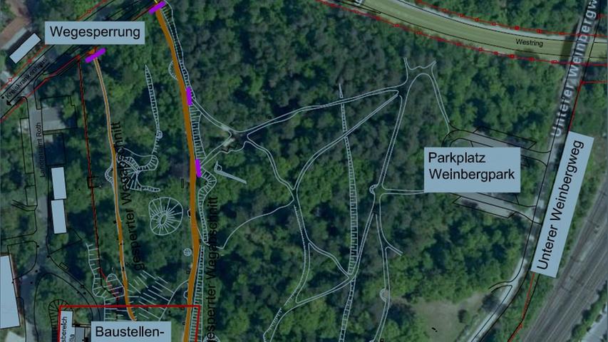 Ab dem Montag, 13. März 2023, wird die große Treppenanlage an der  Anton-Seitz-Villa am Weinbergpark in Roth hergerichtet. Für die Baustelle  werden mehrere Wege monatelang gesperrt.