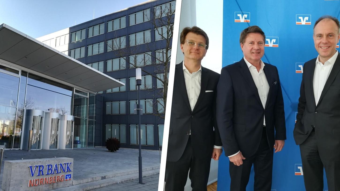Dirk Helmbrecht (M), Vorstandsvorsitzender der VR Bank Metropolregion Nürnberg, und seine beiden Stellvertreter Thomas Gimperlein (l) und Johannes Hofmann (r) freuen sich über das gute Geschäftsergebnis 2022.