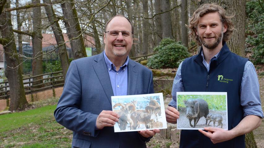 Bürgermeister Christian Vogel (links) und der stellvertretende Tiergartendirektor Jörg Beckmann mit Fotos von zwei neuen Tierarten, die in Kürze im Tiergarten zu sehen sein werden: Blauschafe (Foto links) und Chaco-Pekaris.