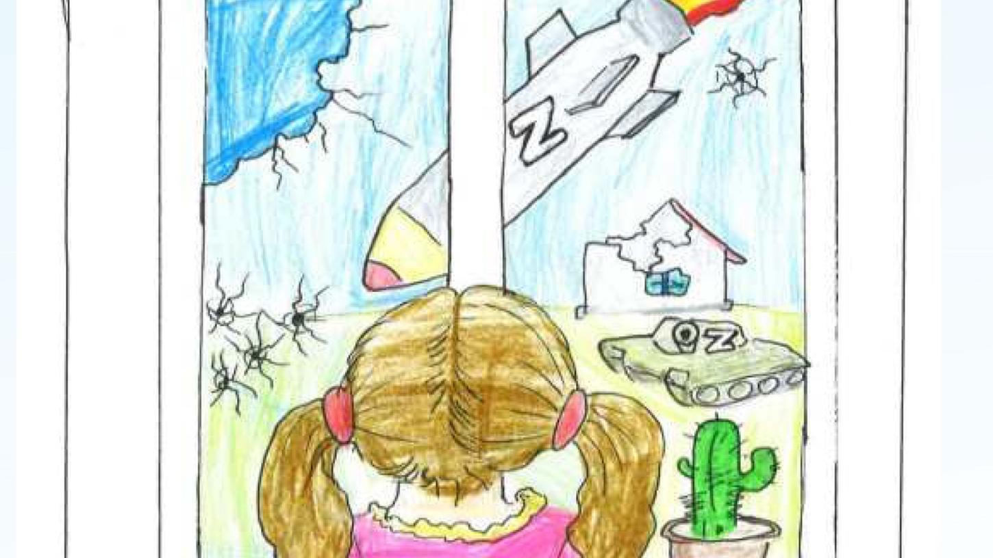 Bild von Alina (7): En Mädchen sieht aus dem Fenster. Die Welt da draußen wird zerstört.