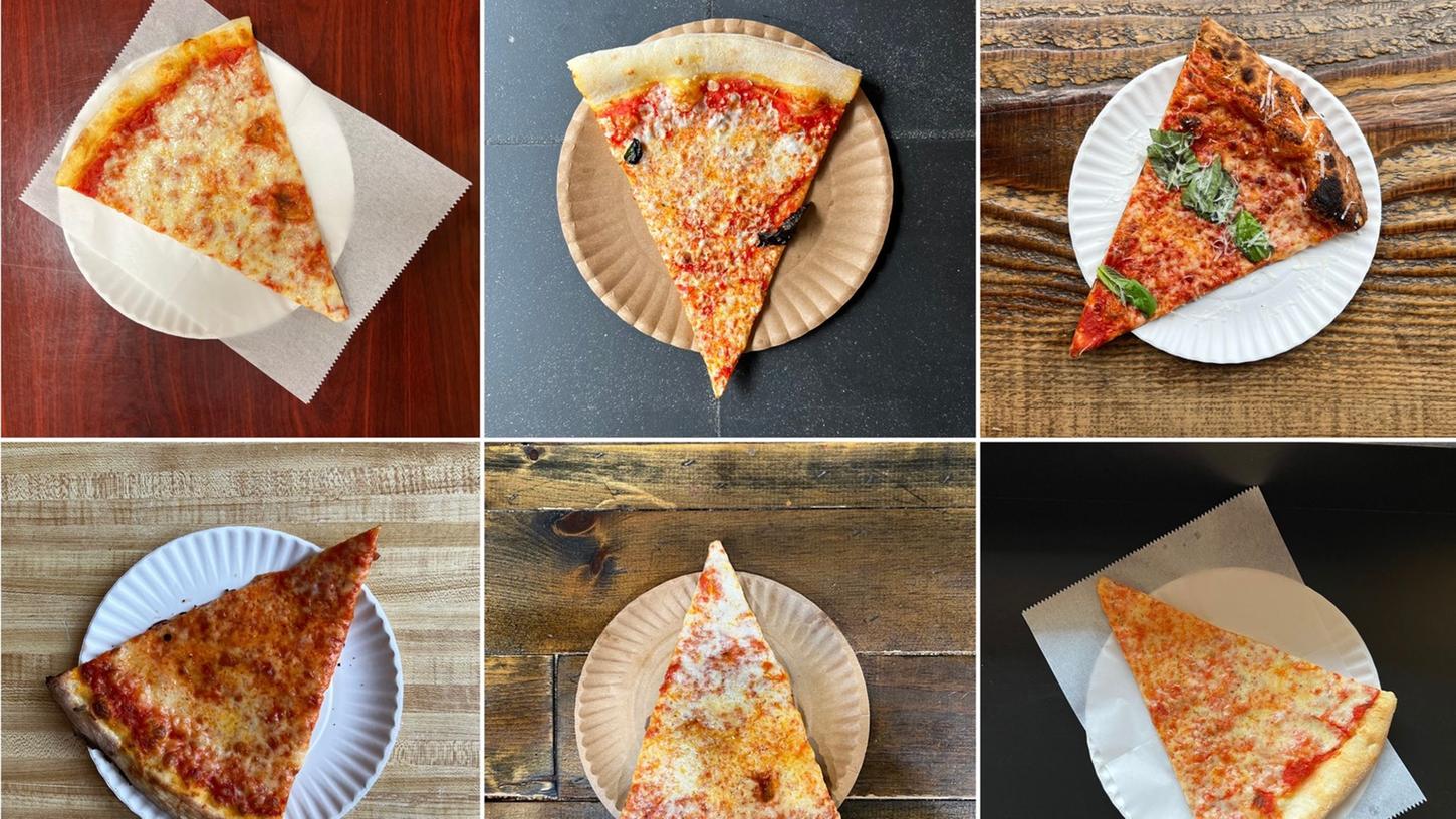 Verschiedene "cheese slice"-Pizzastücke sind bereit, gegessen zu werden. Verschiedene "cheese slice"-Pizzastücke sind bereit, gegessen zu werden.