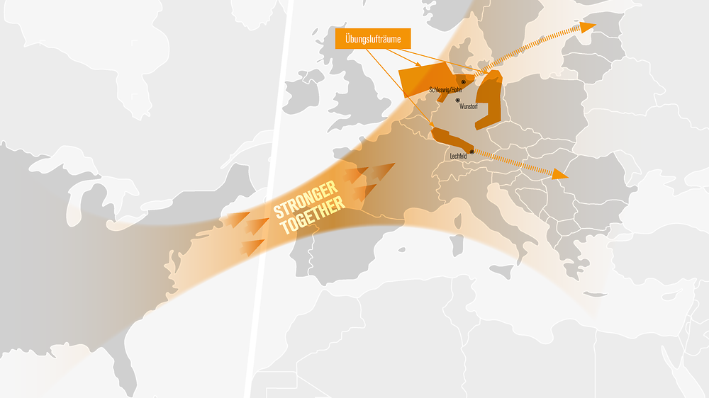 In diesen Korridoren soll trainiert werden. Mit Lechfeld ist auch ein bayerischer Fliegerhorst ein Knotenpunkt der XXL-Übung. 