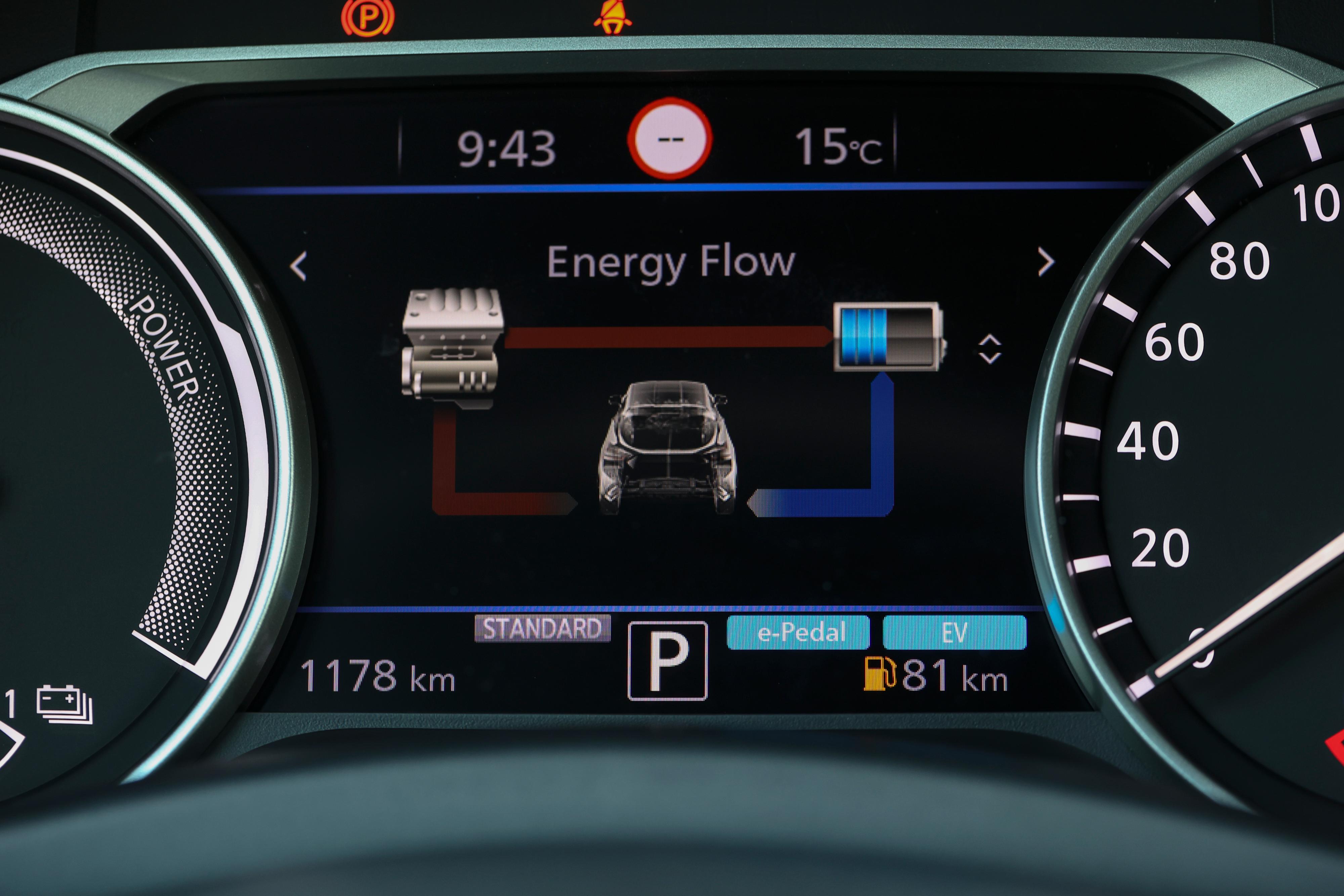 Die Energieflüsse sind am Fahrerdisplay zu verfolgen.