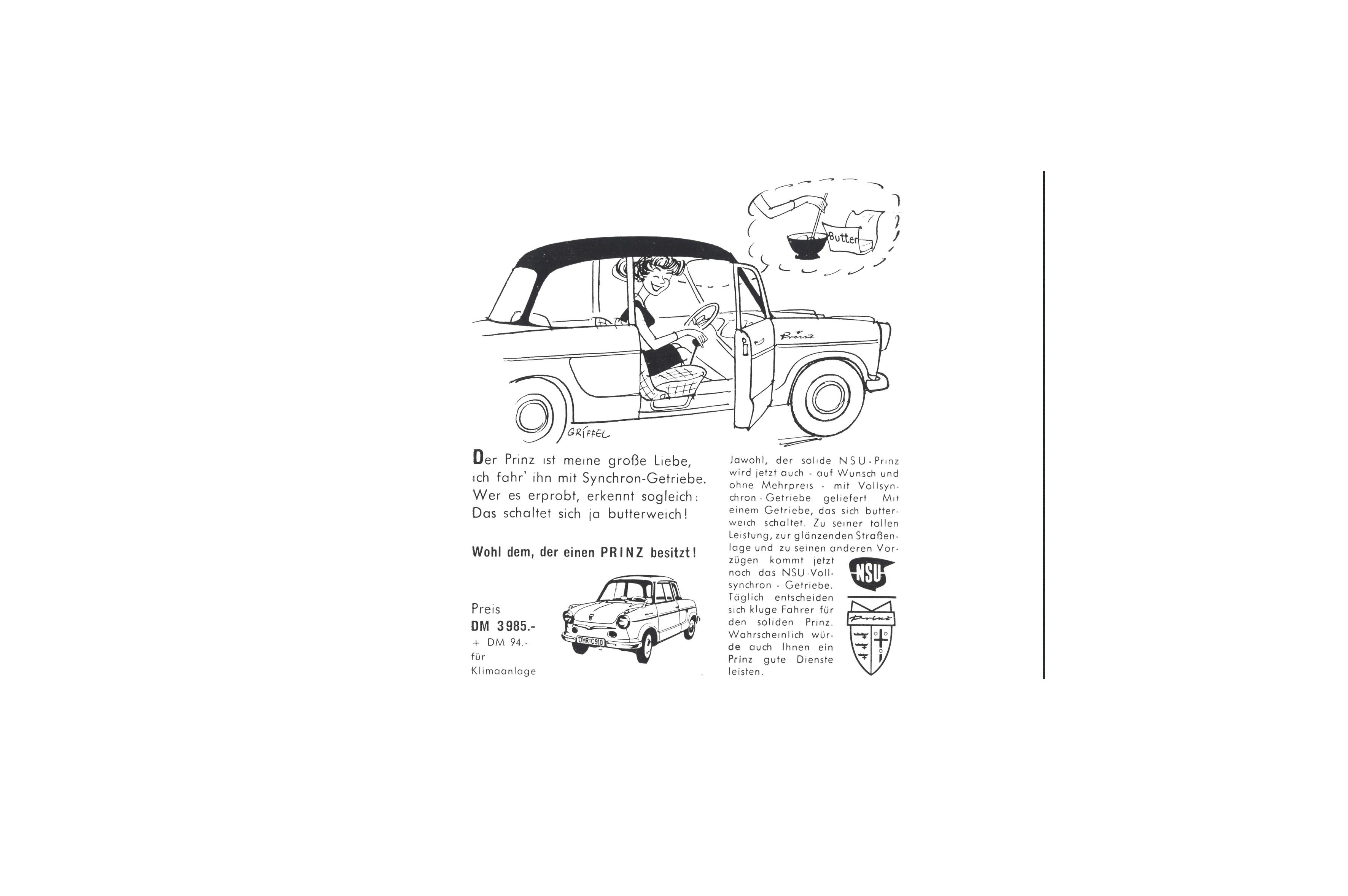 So wurde der Prinz 1959 beworben. Bei der Klimaanlage für 94 Euro dürfte es sich eher um eine Lüftung/Heizung handeln als um das, was man heute unter einer "Air Condition" versteht.