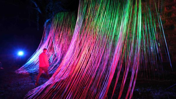 Sehr stimmungsvoll wirkte die Installation aus Frankreich im Garten des Tratzenzwingers bei der Insel Schütt. "Atmen" hieß sie einfach: Die bunt beleuchteten Bänder bewegten sich sacht zu Naturgeräuschen.