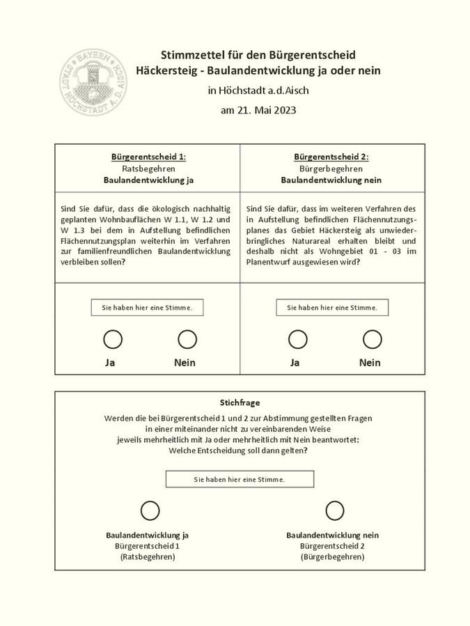 Muster-Stimmzettel für den Entscheid in Höchstadt am 21. Mai.