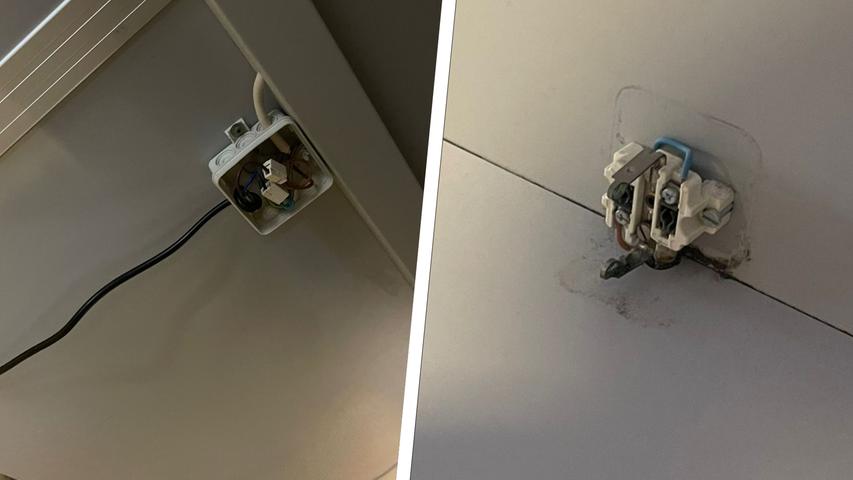An einer Steckdose löste sich laut den Betroffenen die Abdeckung beim Abziehen des Steckers, die Kabel unter der Ablage lagen unabhängig davon komplett frei. An einer Steckdose löste sich laut den Betroffenen die Abdeckung beim Abziehen des Steckers, die Kabel unter der Ablage lagen unabhängig davon komplett frei.
