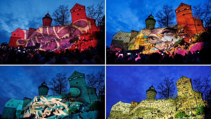 Die Bildkombo zeigt Ausschnitte der Projektion "Beneath the surface" des deutschen Graffiti-Künstlers Hombre SUK (alias Pablo Fontagnier) die während der "Blauen Nacht" die Kaiserburg illuminierten. 