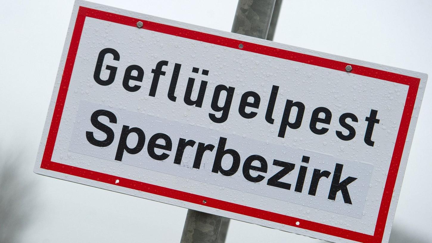 Ein Schild mit der Aufschrift "Geflügelpest Sperrbezirk". Ein Schild mit der Aufschrift "Geflügelpest Sperrbezirk".