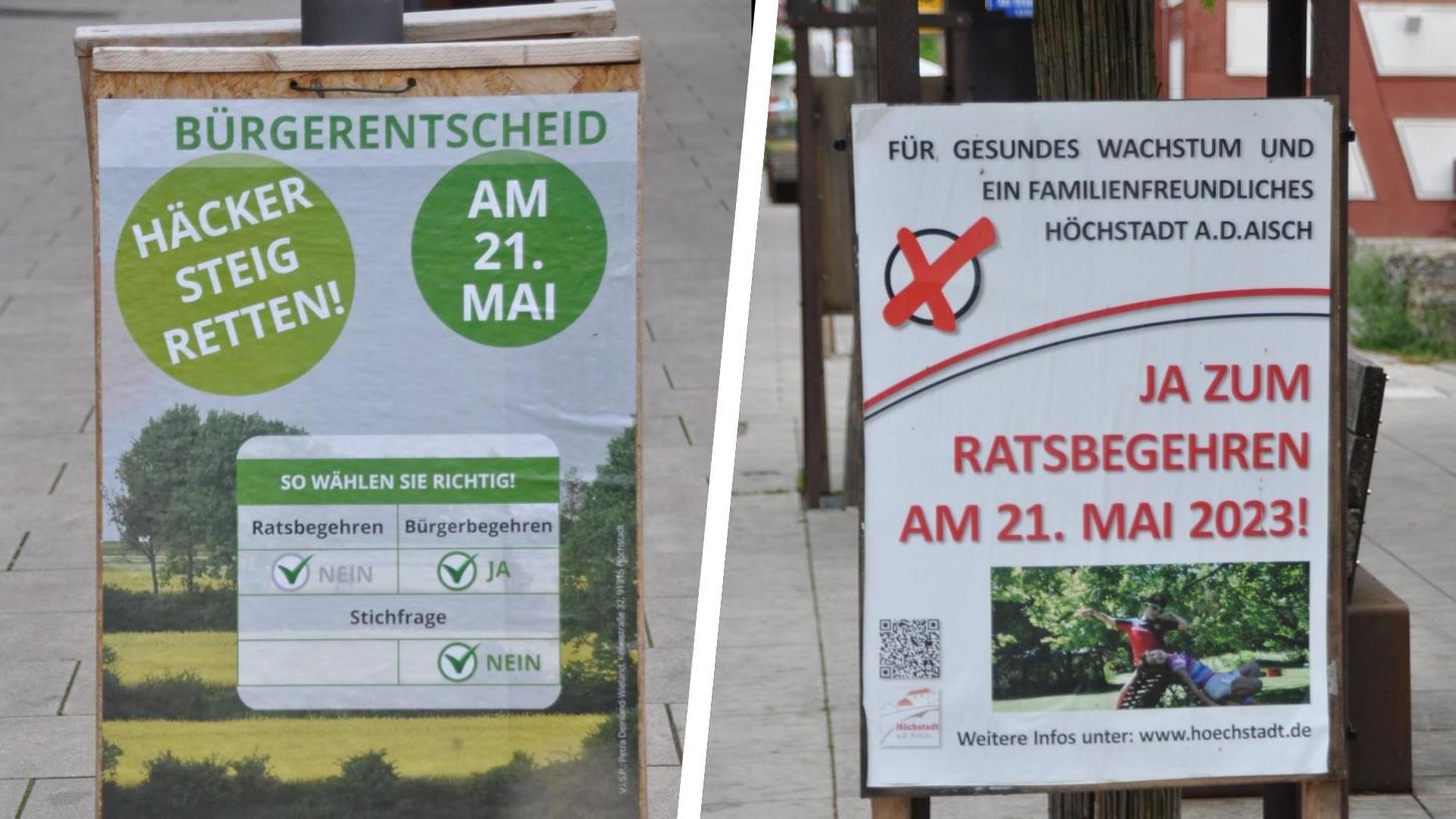 Für den Höchstadter Bürgerentscheid am 21. Mai haben sowohl die Befürworter des Bürgerbegehrens (links) als auch des Ratsbegehrens (rechts) Transparente aufgestellt. 