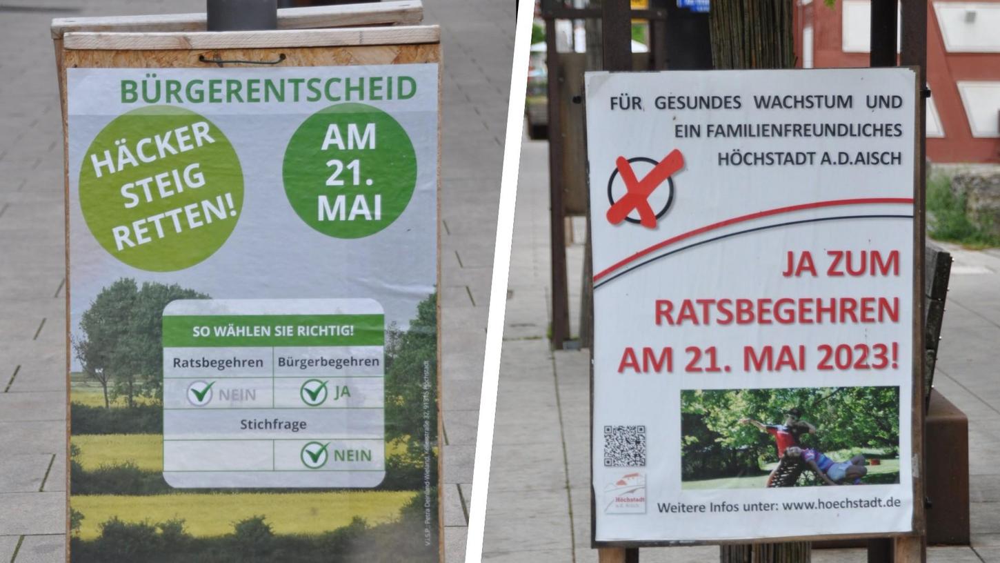 Für den Höchstadter Bürgerentscheid am 21. Mai haben sowohl die Befürworter des Bürgerbegehrens (links) als auch des Ratsbegehrens (rechts) Transparente aufgestellt. Für den Höchstadter Bürgerentscheid am 21. Mai haben sowohl die Befürworter des Bürgerbegehrens (links) als auch des Ratsbegehrens (rechts) Transparente aufgestellt.