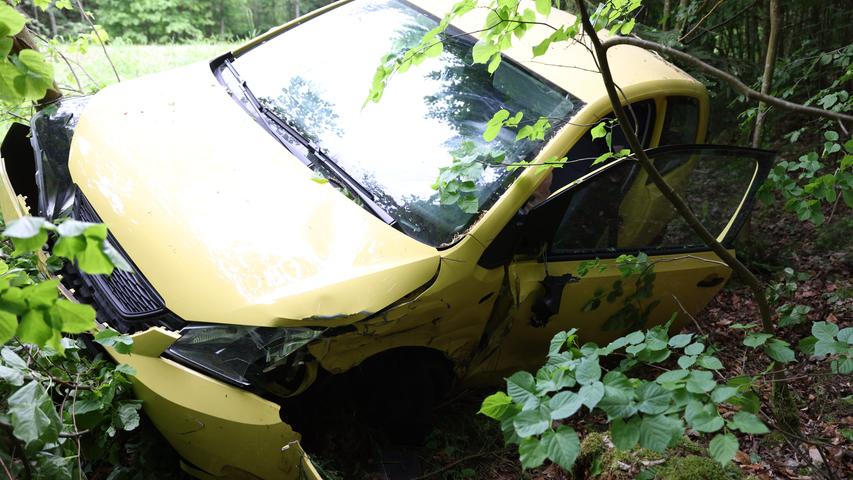 Das gestohlene Fahrzeug landete in einem angrenzenden Waldstück. Die beiden Männer wurden nur leicht verletzt.