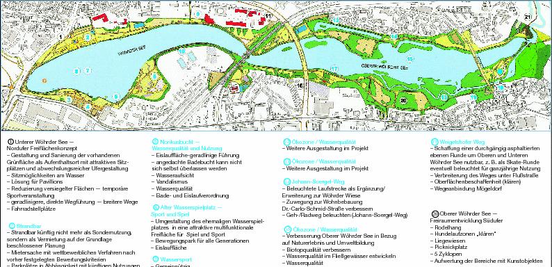Die Stadtverwaltung hat Verbesserungsvorschläge für das Umfeld des Wöhrder Sees zusammengetragen: Was am Ende von den 21 Punkten verwirklicht wird, steht  noch nicht fest. Grafik: Stadt Nürnberg