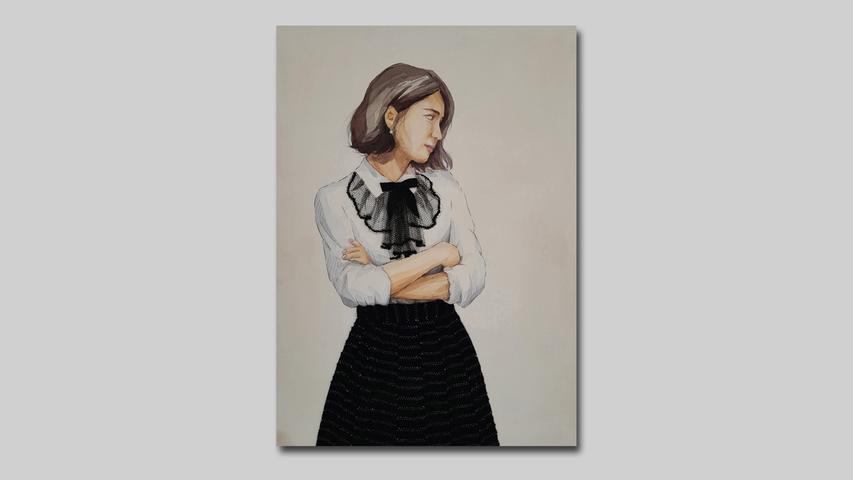 MYONGAE KYONG Anna (2023) 25 x 35 cm Aquarell, Textil auf Holz