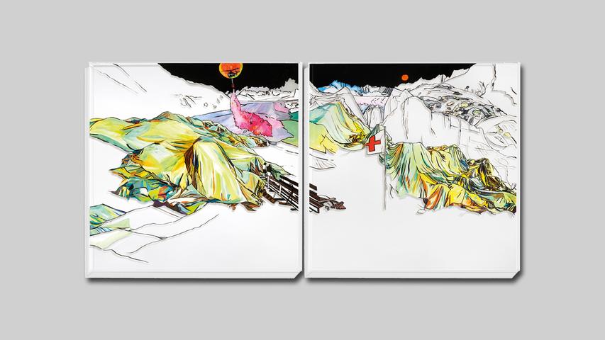 LISA LANG No Future Gletscher (Diptychon) (2022) 80 x 164 x 4 cm Hinterglasmalerei, Acryl auf Acrylglas LISA LANG No Future Gletscher (Diptychon) (2022) 80 x 164 x 4 cm Hinterglasmalerei, Acryl auf Acrylglas