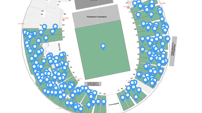 Die blau-weißen Punkt zeigen die Plätze an, die aktuell für eine der Shows im Münchner Olympia-Stadion zum Verkauf stehen.