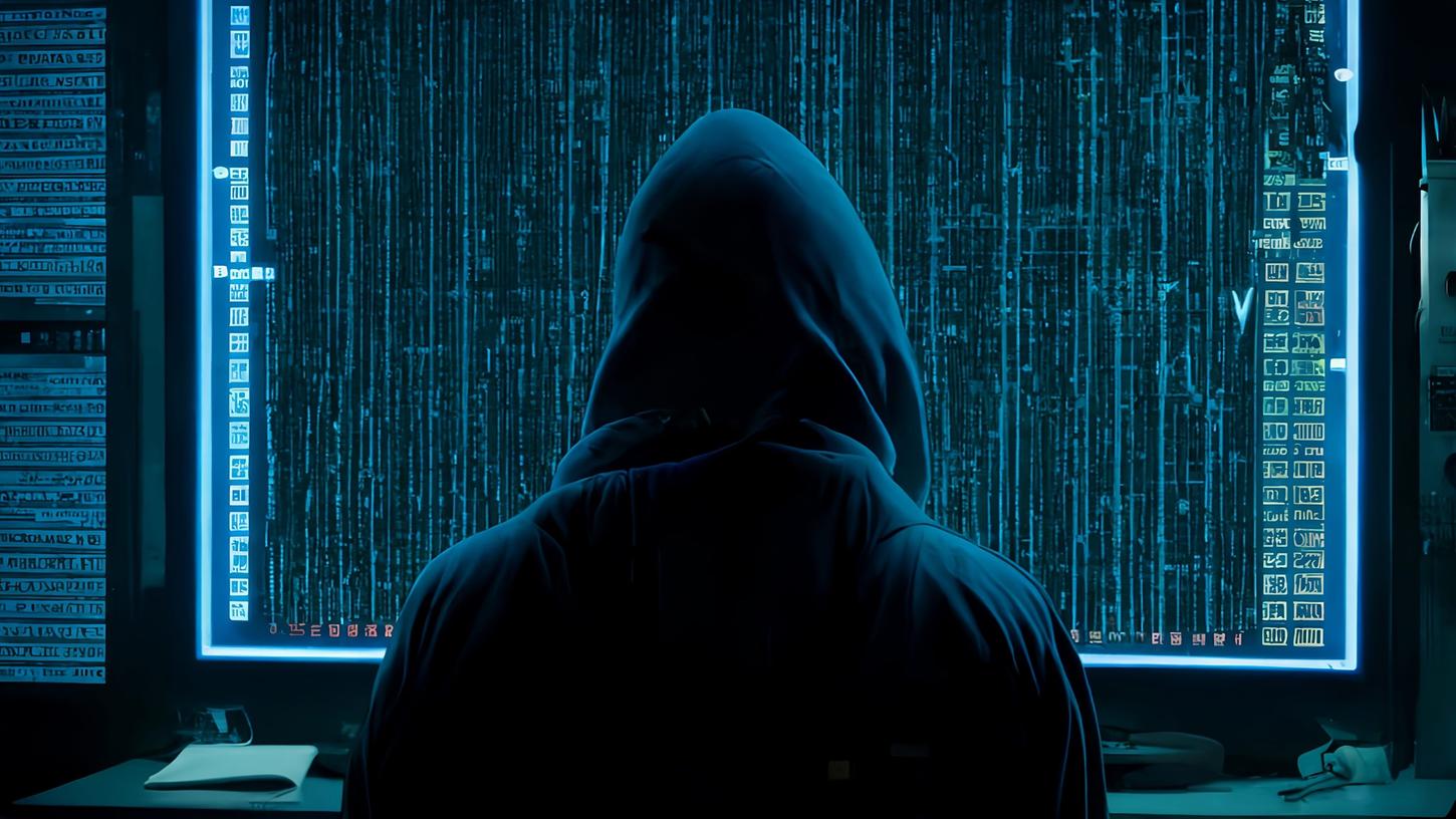 Computergenerierte Dartstellung eines Hackers vor einem großen Bildschirm. (Symbolbild) Computergenerierte Dartstellung eines Hackers vor einem großen Bildschirm. (Symbolbild)