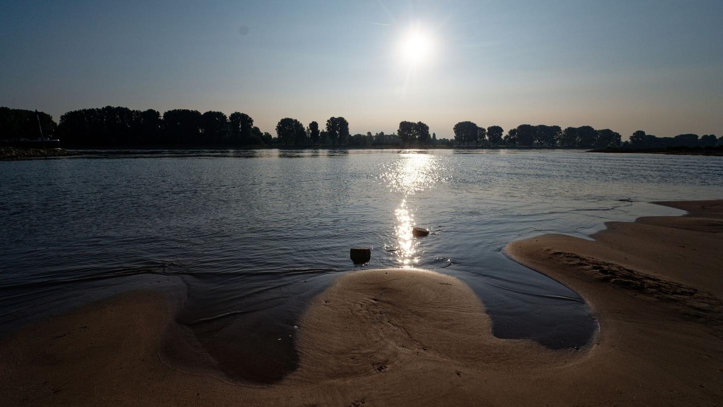 Die Sonne spiegelt sich auf dem Rhein bei Köln-Langel.