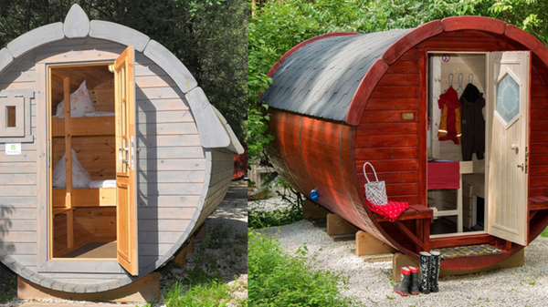 Als Teil ihres Glampingangebots bietet das Waldcamping Brombach Übernachtungen in Campingfässern. Für die Erholung in der Natur kann man sowohl Kinderfässer, links abgebildet, als auch Erwachsenenfässer, rechts abgebildet, buchen. In beiden Fässertypen können jeweils zwei Personen übernachten.