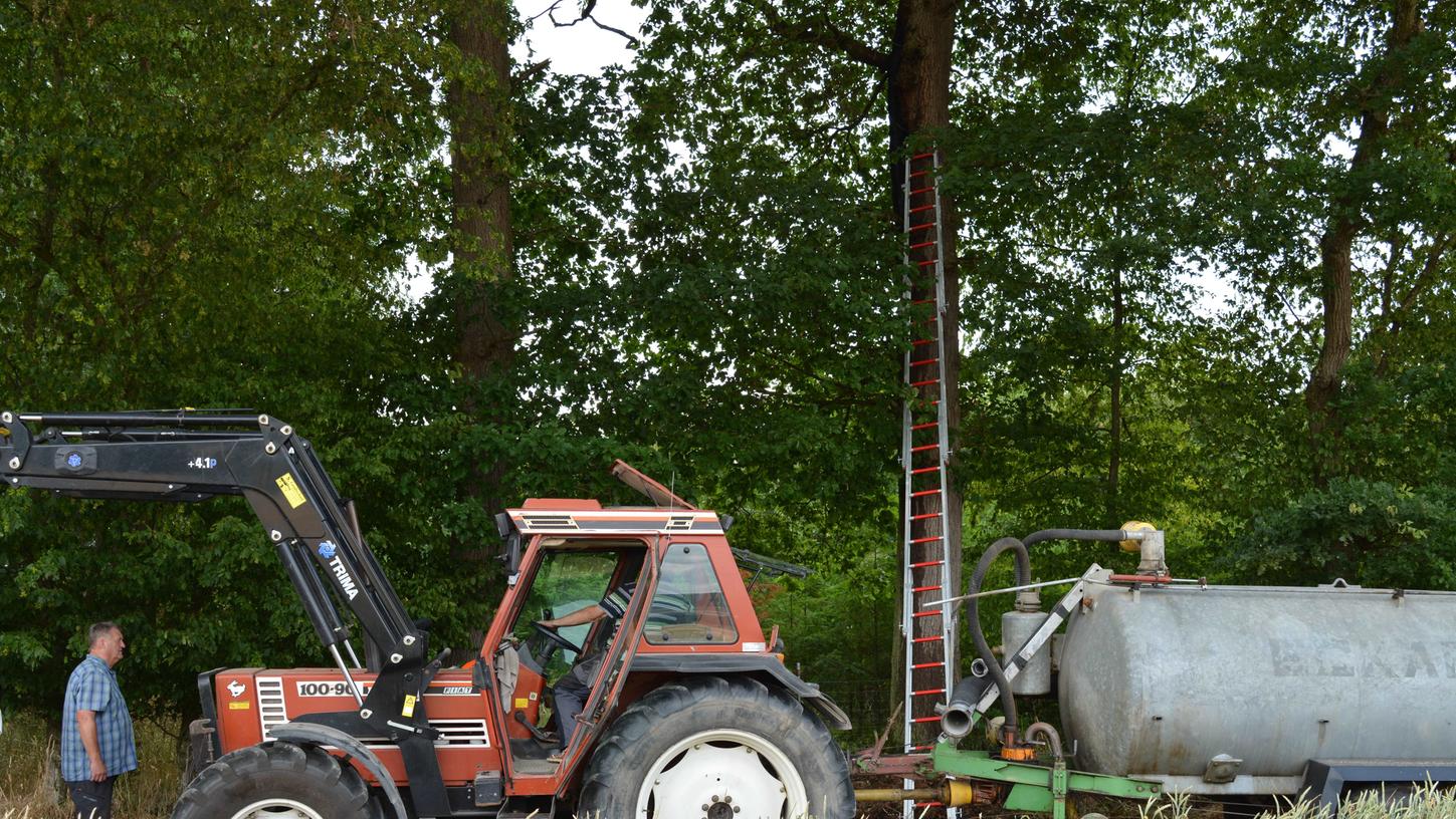 Alle halfen zusammen: Bauern brachten Löschwasser, der Brand konnte schnell gelöscht werden. Zur Sicherheit ließ der Kreisbrandmeister die Eiche fällen. Alle halfen zusammen: Bauern brachten Löschwasser, der Brand konnte schnell gelöscht werden. Zur Sicherheit ließ der Kreisbrandmeister die Eiche fällen.