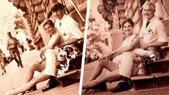 Liebeserklärung in und an Fürth: Zwei Hochzeitsfotos, dasselbe Paar, dasselbe Outfit nach 25 Jahren