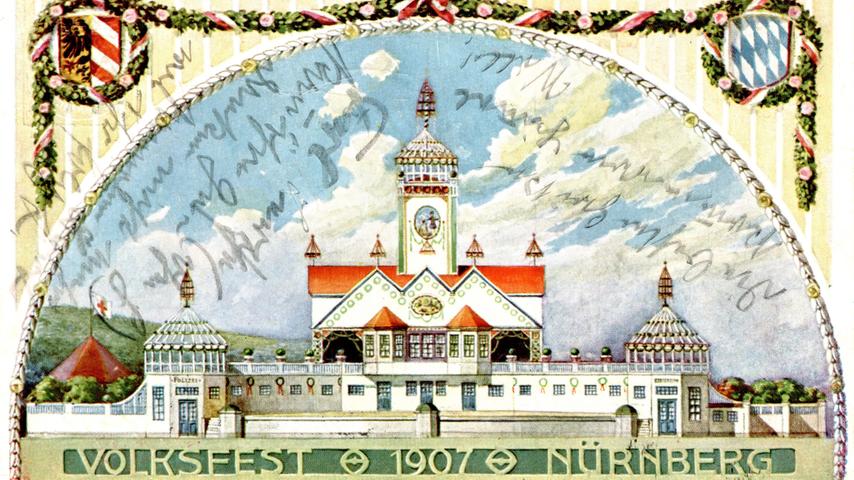 1907 frönte Architekt Kuch bei seinem Entwurf für das Hauptgebäude des Volksfests dem geometrischen Jugendstil. Der Maler Karl Zinn schuf diese offizielle Festpostkarte.