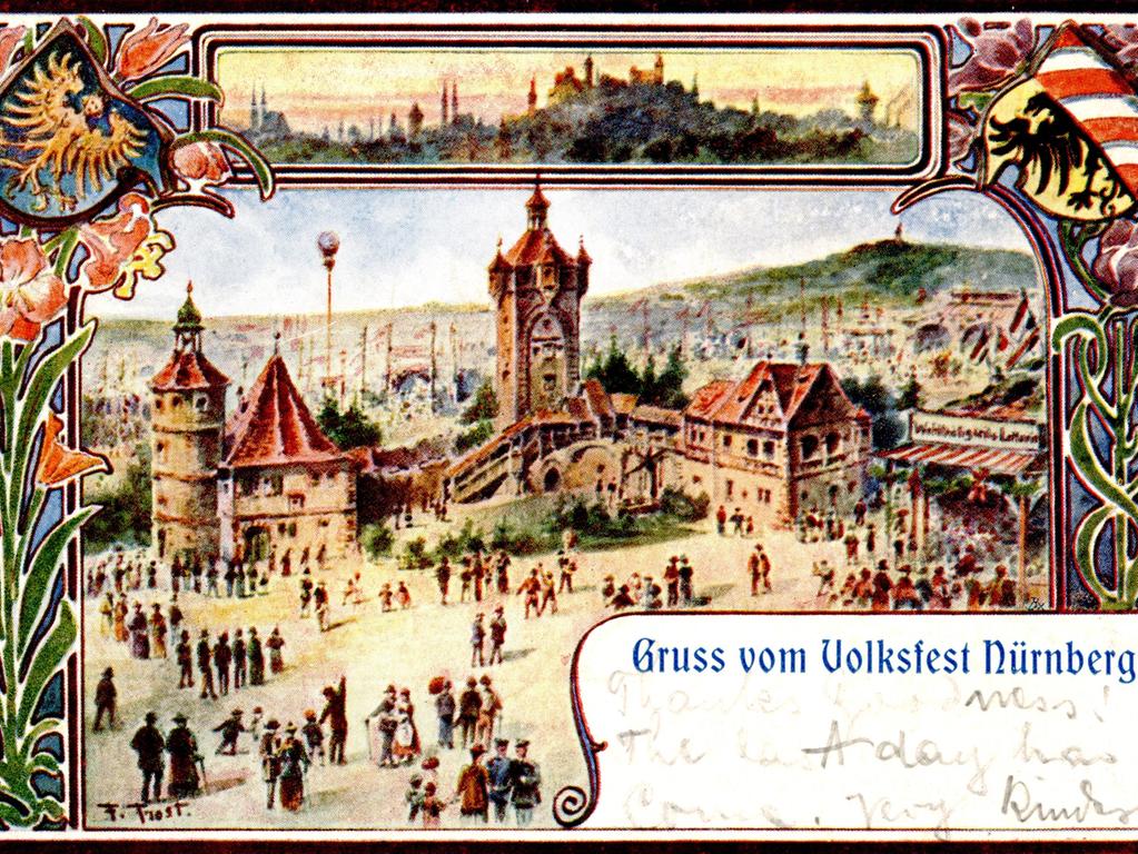 Eine kleine altfränkische Stadt mit der Replik des Rothenburger Klingenturms, hier gemalt von Friedrich Georg Trost, bildete 1899 das Zentrum des Nürnberger Volksfestes. 