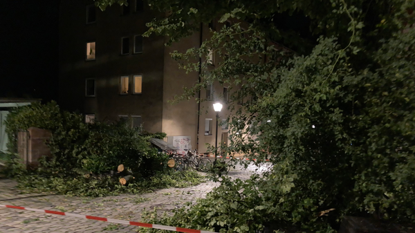 In der Weißgerbergasse in der Nürnberger Altstadt bot sich ein Bild der Verwüstung, nachdem mehrere Bäume umgestürzt waren.