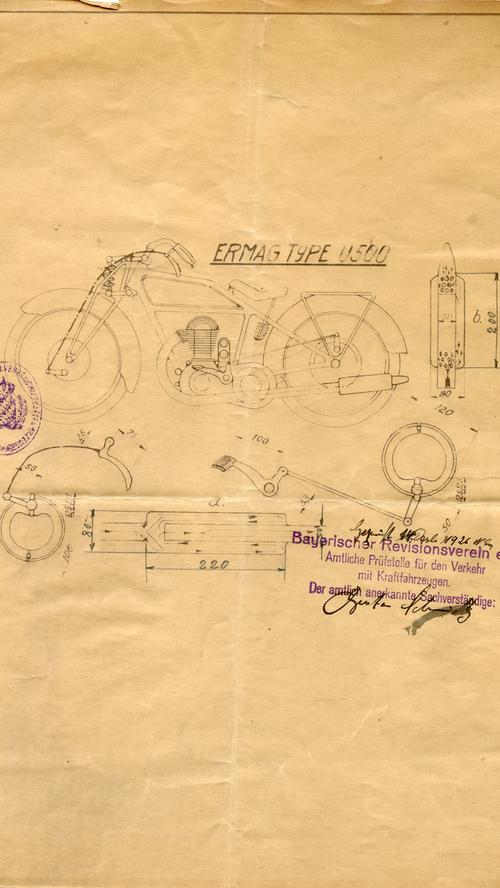 Schematische Zeichnung des Motorradtyps U500 aus dem Jahr 1926.  
