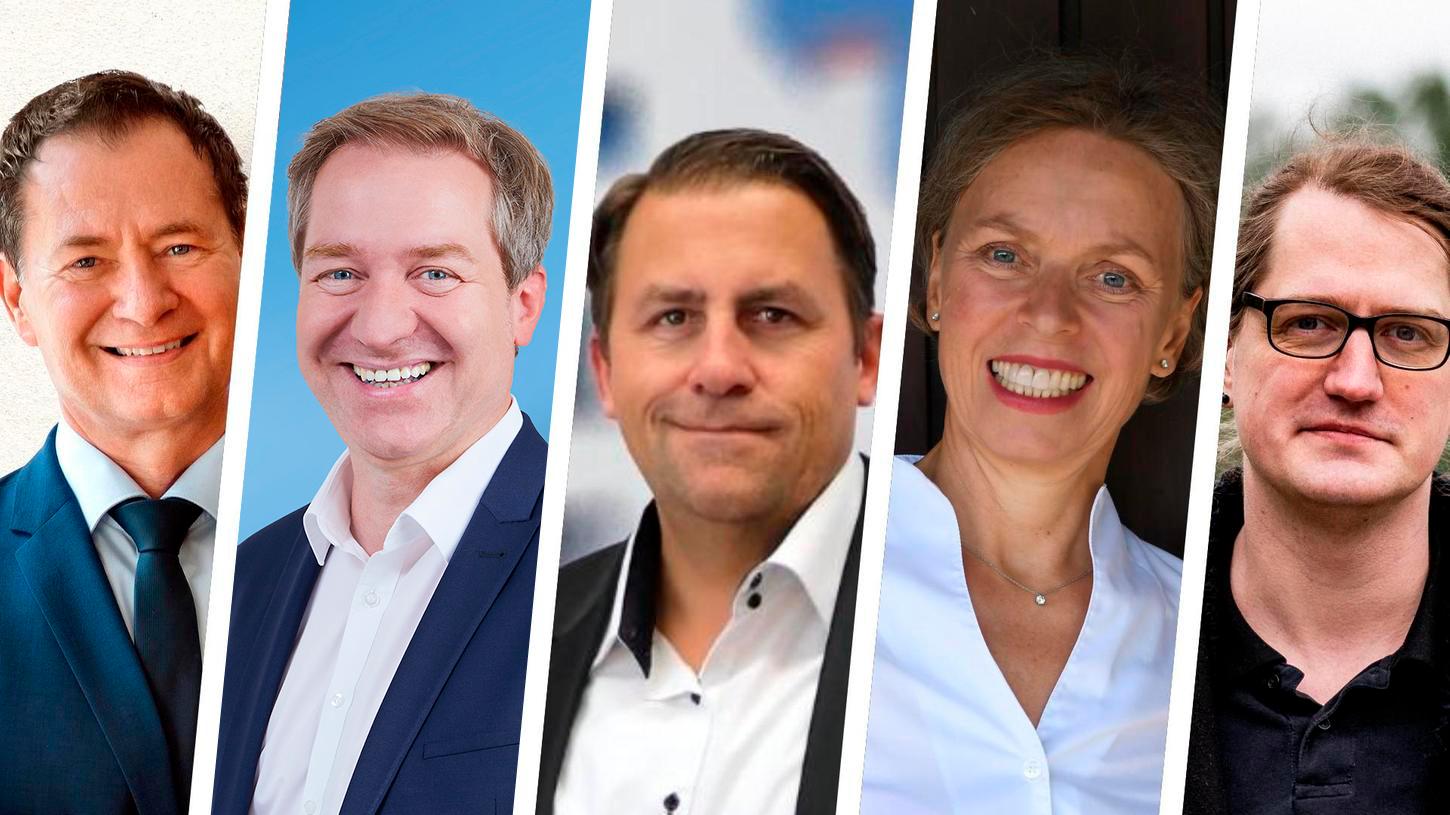 Die OB-Kandidaten in Neumarkt: Thomas Thumann (UPW), Markus Ochsenkühn (CSU), Matthias Sander (SPD), Ira Hörndler (FDP) und Marco Winkler (Die Linke).