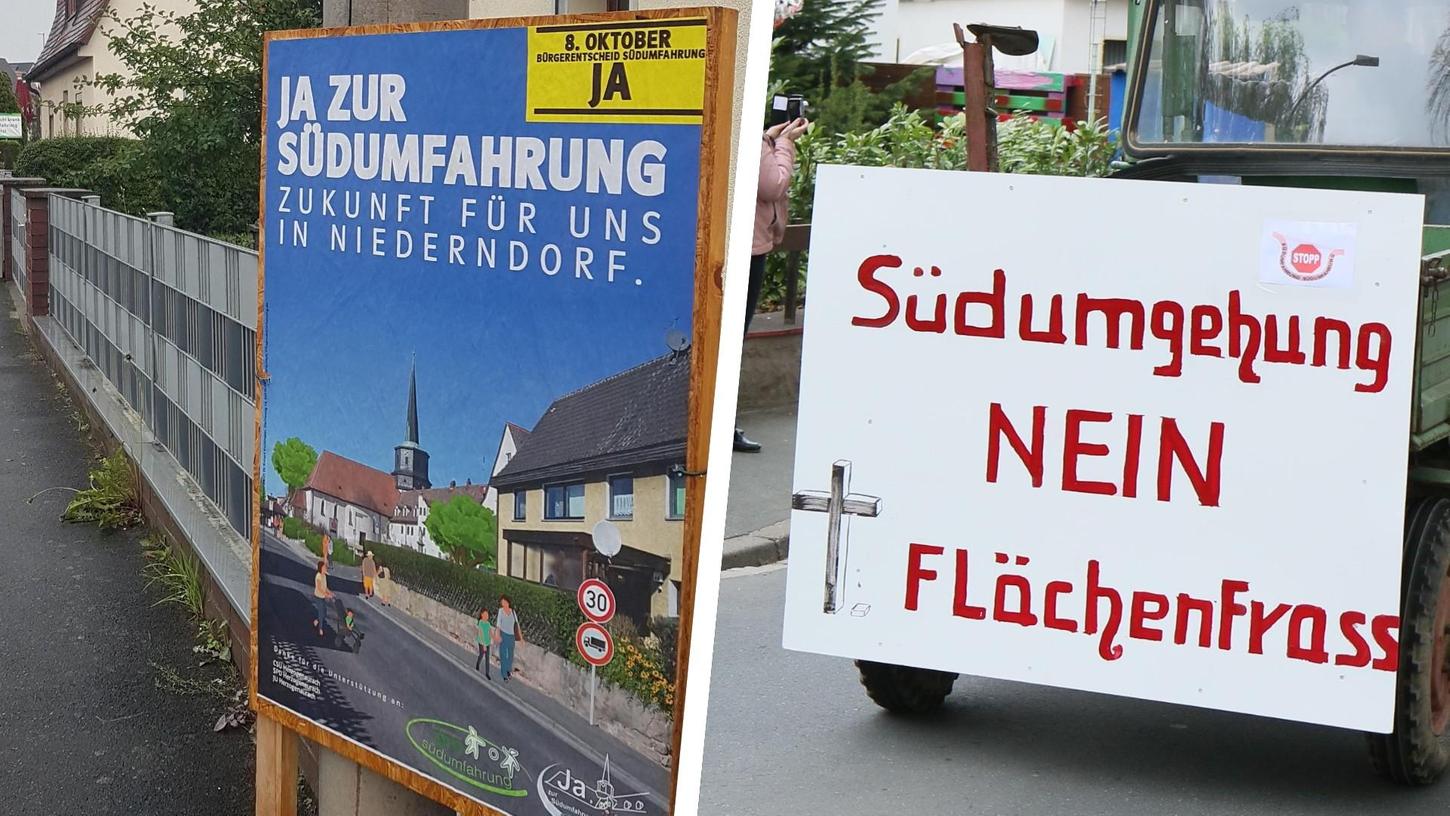 Die ersten Plakate für den Bürgerentscheid am 8. Oktober zur Südumgehung in Niederdorf stehen bereits (links). 