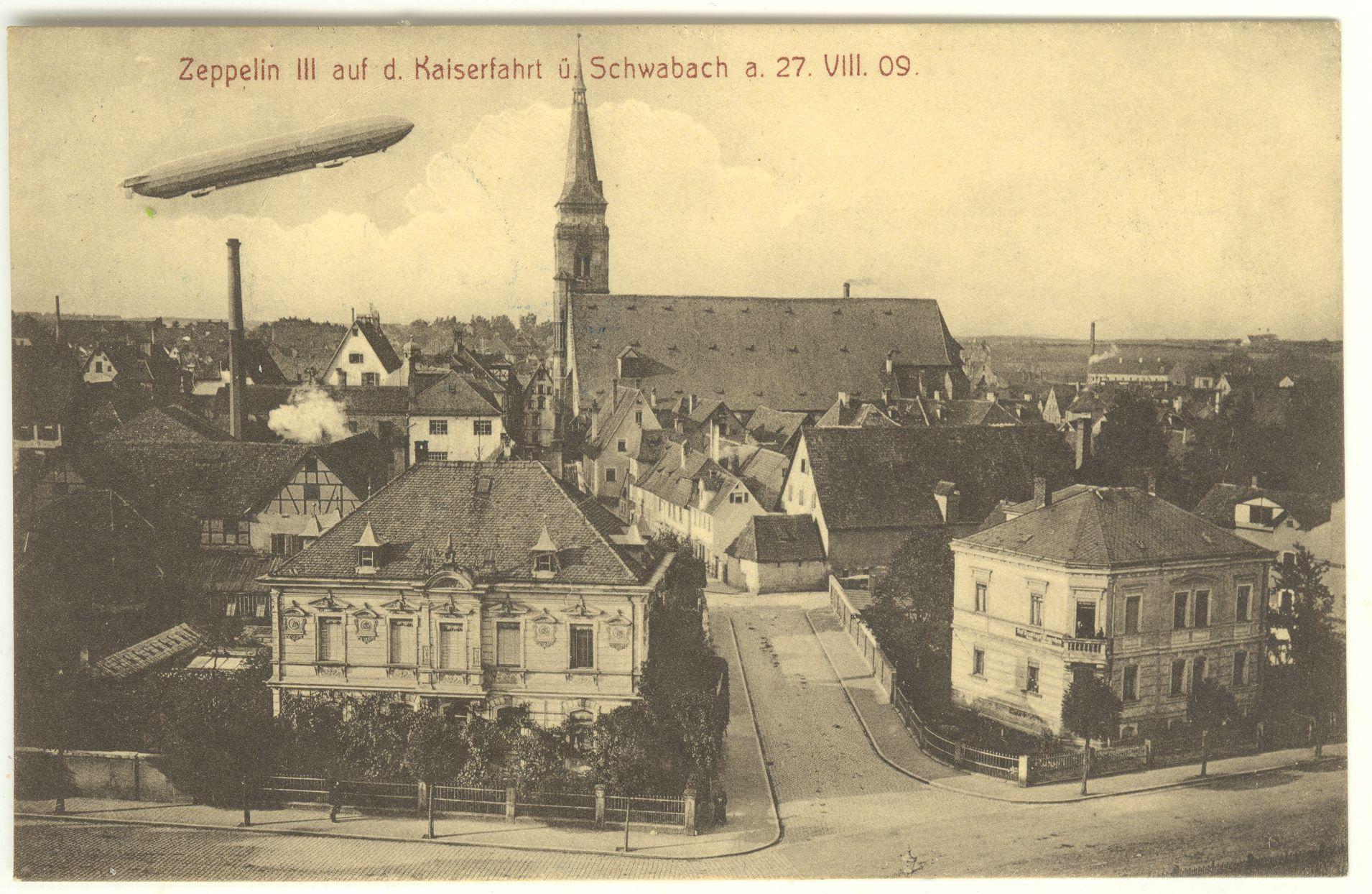 Zeppelin über Schwabach: Am 27. August 1909 fuhr der "Z3" von Friedrichshafen nach Berlin und überquerte dabei auch die Goldschlägerstadt.