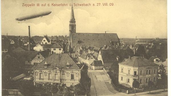 Zeppelin über Schwabach: Am 27. August 1909 fuhr der "Z3" von Friedrichshafen nach Berlin und überquerte dabei auch die Goldschlägerstadt.