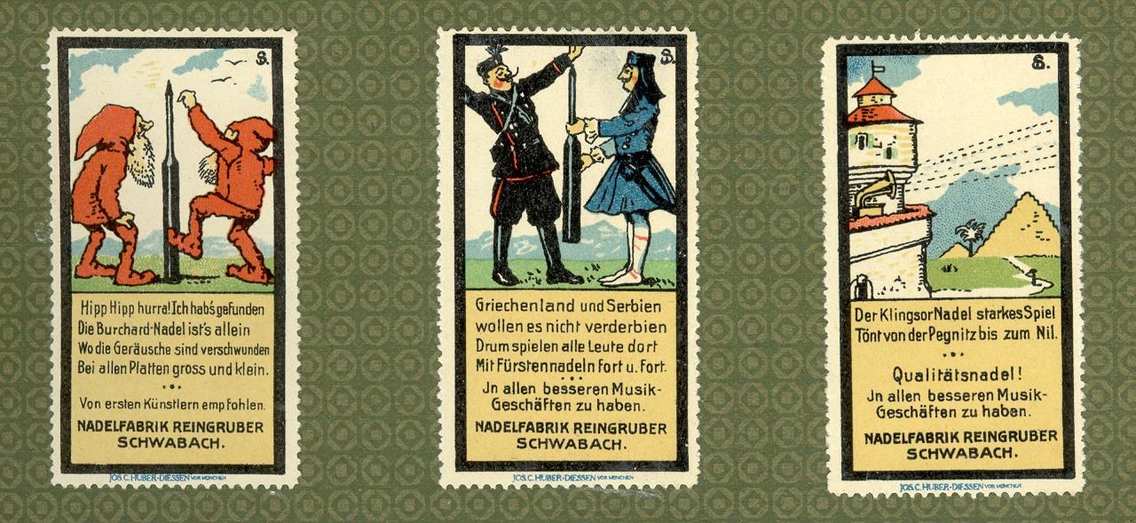 Reklamemarken der einstigen Nadelfabrik Reingruber. Der Schwabacher Nadlermeister Georg Reingruber, der seine Werkstatt in der Neutorstraße hatte, zog 1898 mit seiner Fabrik vor die Tore der beengenden Stadtmauer. Um 1904 erwischte er seinen Schlossermeister Strobel bei der heimlichen Herstellung von Grammophonnadeln. Daraufhin stellte Reingruber die Nähnadelfabrikation ein und produzierte ab 1906 ausschließlich Grammophonnadeln. Um 1910 kamen die abgebildeten Reklamemarken auf den Markt - Schöpfer der Darstellungen war der Jugendstilkünstler Siegmund von Suchodolski. Später wurden auch andere Ersatzteile für Grammophone in Schwabach gefertigt. Im Ersten Weltkrieg stellte das Unternehmen - mittlerweile unter der Leitung des Kommerzienrats Max Philipp Tuchmann - dann auf Spinnerei-Nadeln um und nahm den Namen "Schwabacher Spinnereinadel- und Stahlspitzenwerk" an - kurz: "Drei-S-Werk".