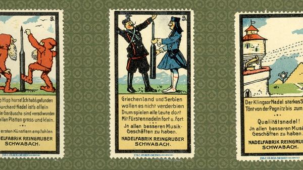 Reklamemarken der einstigen Nadelfabrik Reingruber. Der Schwabacher Nadlermeister Georg Reingruber, der seine Werkstatt in der Neutorstraße hatte, zog 1898 mit seiner Fabrik vor die Tore der beengenden Stadtmauer. Um 1904 erwischte er seinen Schlossermeister Strobel bei der heimlichen Herstellung von Grammophonnadeln. Daraufhin stellte Reingruber die Nähnadelfabrikation ein und produzierte ab 1906 ausschließlich Grammophonnadeln. Um 1910 kamen die abgebildeten Reklamemarken auf den Markt - Schöpfer der Darstellungen war der Jugendstilkünstler Siegmund von Suchodolski. Später wurden auch andere Ersatzteile für Grammophone in Schwabach gefertigt. Im Ersten Weltkrieg stellte das Unternehmen - mittlerweile unter der Leitung des Kommerzienrats Max Philipp Tuchmann - dann auf Spinnerei-Nadeln um und nahm den Namen "Schwabacher Spinnereinadel- und Stahlspitzenwerk" an - kurz: "Drei-S-Werk".