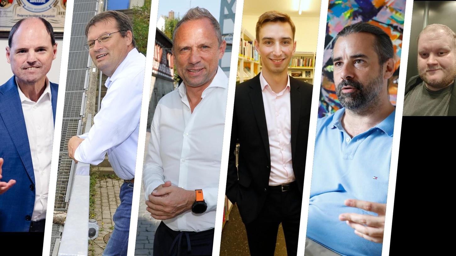 Sie sind die sechs Direktkandidaten für die Landtagswahl im Stimmkreis Forchheim: Michael Hofmann (CSU), Martin Distler (Grüne), Thorsten Glauber (FW), Richard Schmidt (SPD), Sebastian Körber (FDP) und Matthias Machts (AfD).