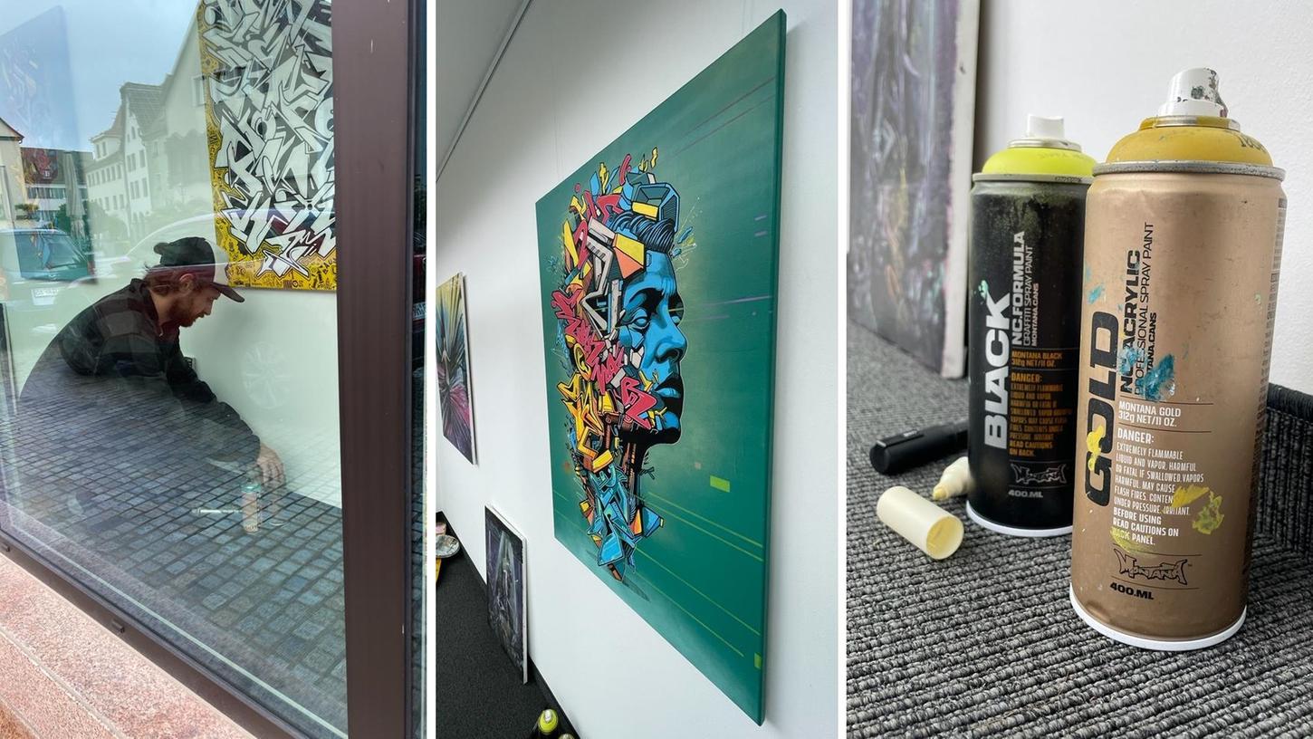 Graffitikünstler Alexander Feer stellt im Kunstfenster der Sparkasse am Oberen Markt aus. Graffitikünstler Alexander Feer stellt im Kunstfenster der Sparkasse am Oberen Markt aus.