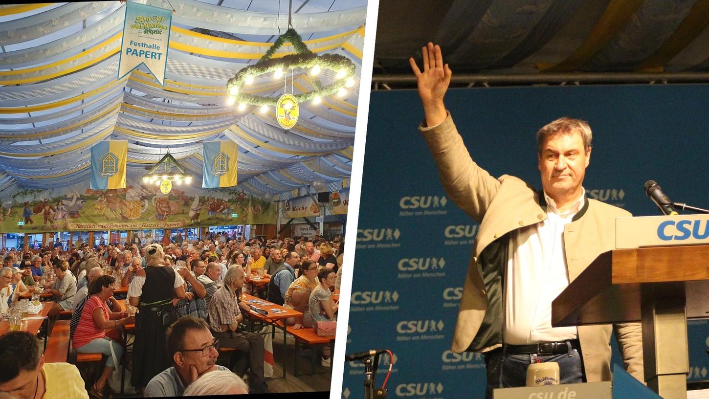 Das Festzelt in Gunzenhausen war gut besucht. Am Ende seiner Wahlkampfrede winkte Markus Söder den Anwesenden zu. Das Festzelt in Gunzenhausen war gut besucht. Am Ende seiner Wahlkampfrede winkte Markus Söder den Anwesenden zu.