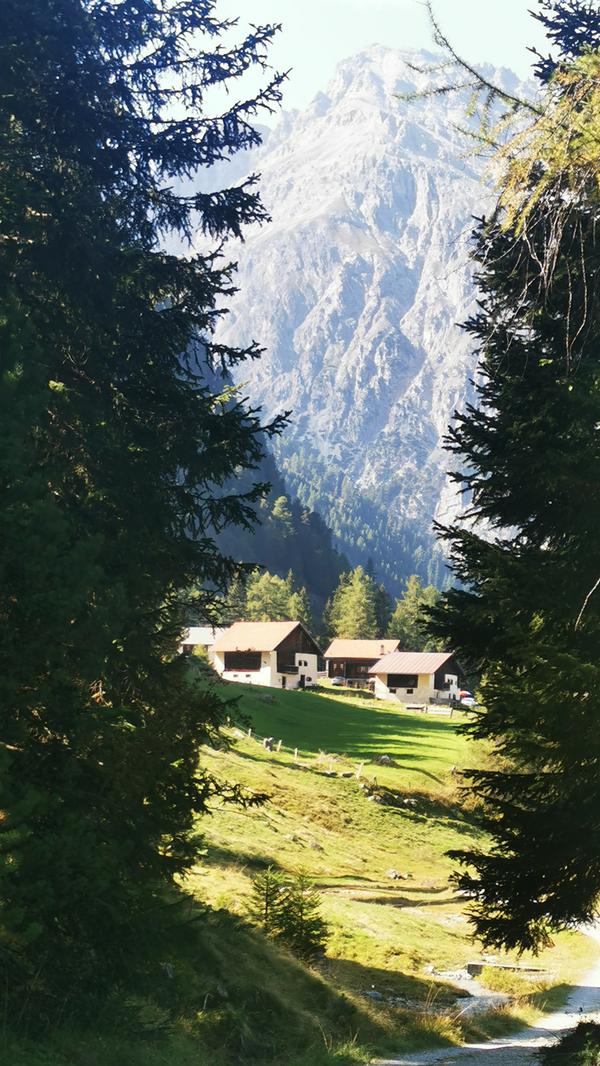 Blick nach der Rückkehr ins Tal auf die Holzhäuser von Naz.