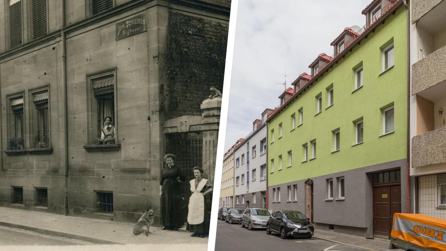 Die Reuterstraße 7 im Abstand von mehr als 100 Jahren: einmal 1912, mit steinernem Froschkönig auf dem Portal, und einmal heute.