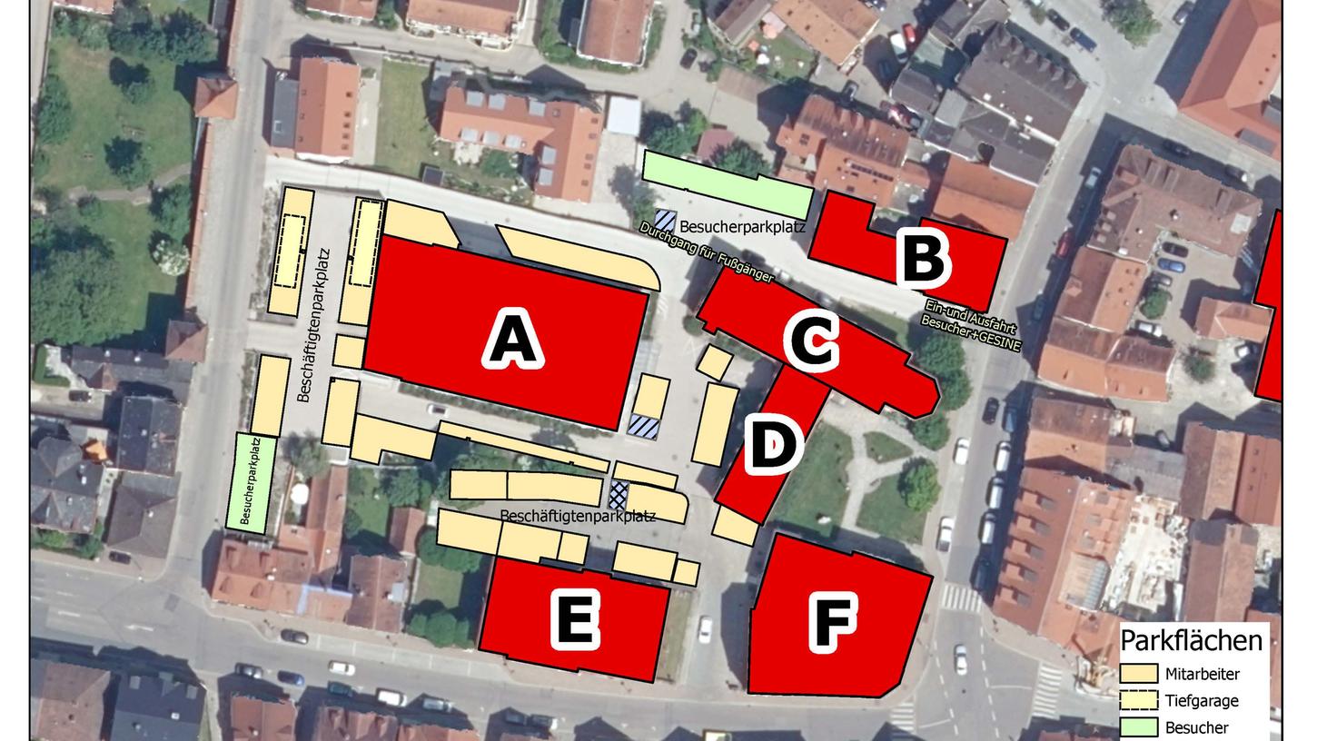Die grün markierten Flächen im Lageplan sind als Parkplätze für Kunden des Landratsamtes ausgeschildert.