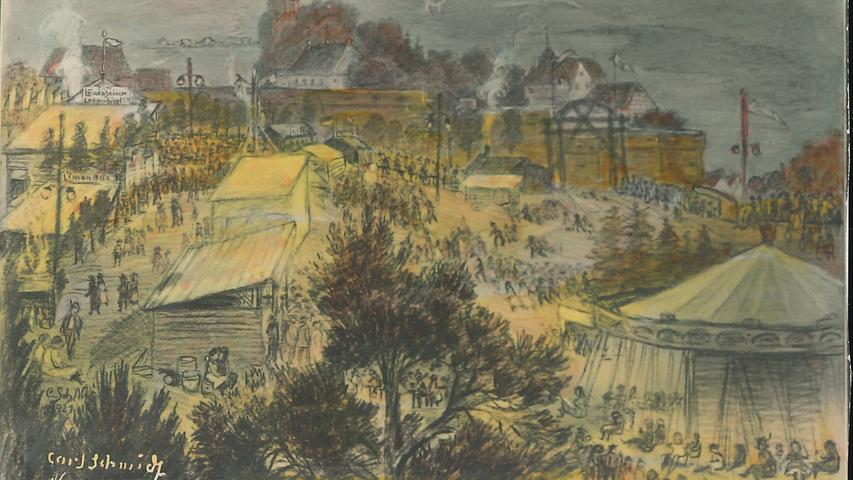 Volksfest im Schatten der Burg Veldenstein. Diese Postkarte von 1921 zeigt unter anderem ein Kettenkarussell und einen Limonadenstand.