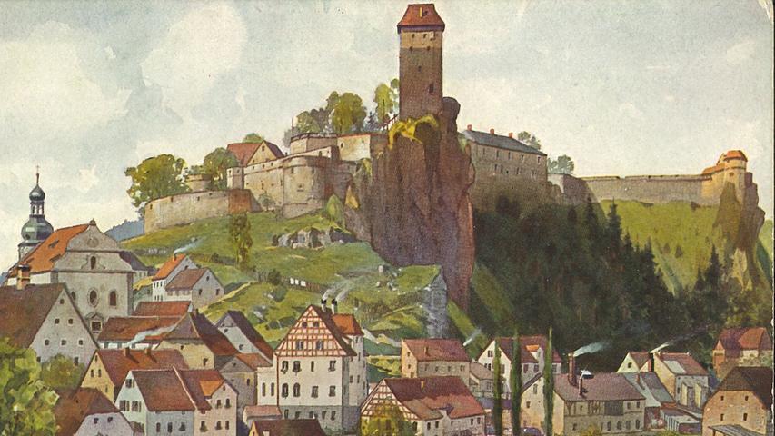 "Kirchdorf Neuhaus 382 m mit Burg Veldenstein" - diesen Titel trägt die Postkarte im Vierfarbendruck.