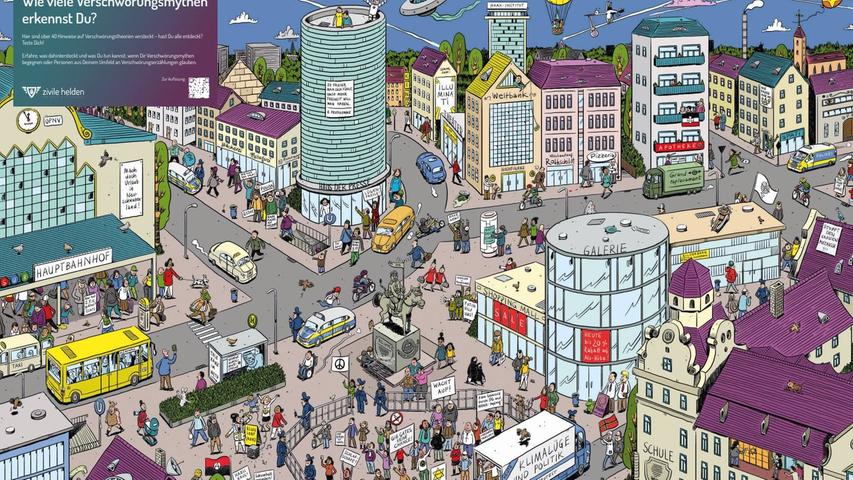 Erkennen Sie alle Zeichen? Die Polizeiliche Kriminalprävention hat in Kooperation mit dem Landeskriminalamt Baden-Württemberg ein Wimmelbild zu Verschwörungsmythen entwickelt. Erkennen Sie alle Zeichen? Die Polizeiliche Kriminalprävention hat in Kooperation mit dem Landeskriminalamt Baden-Württemberg ein Wimmelbild zu Verschwörungsmythen entwickelt.